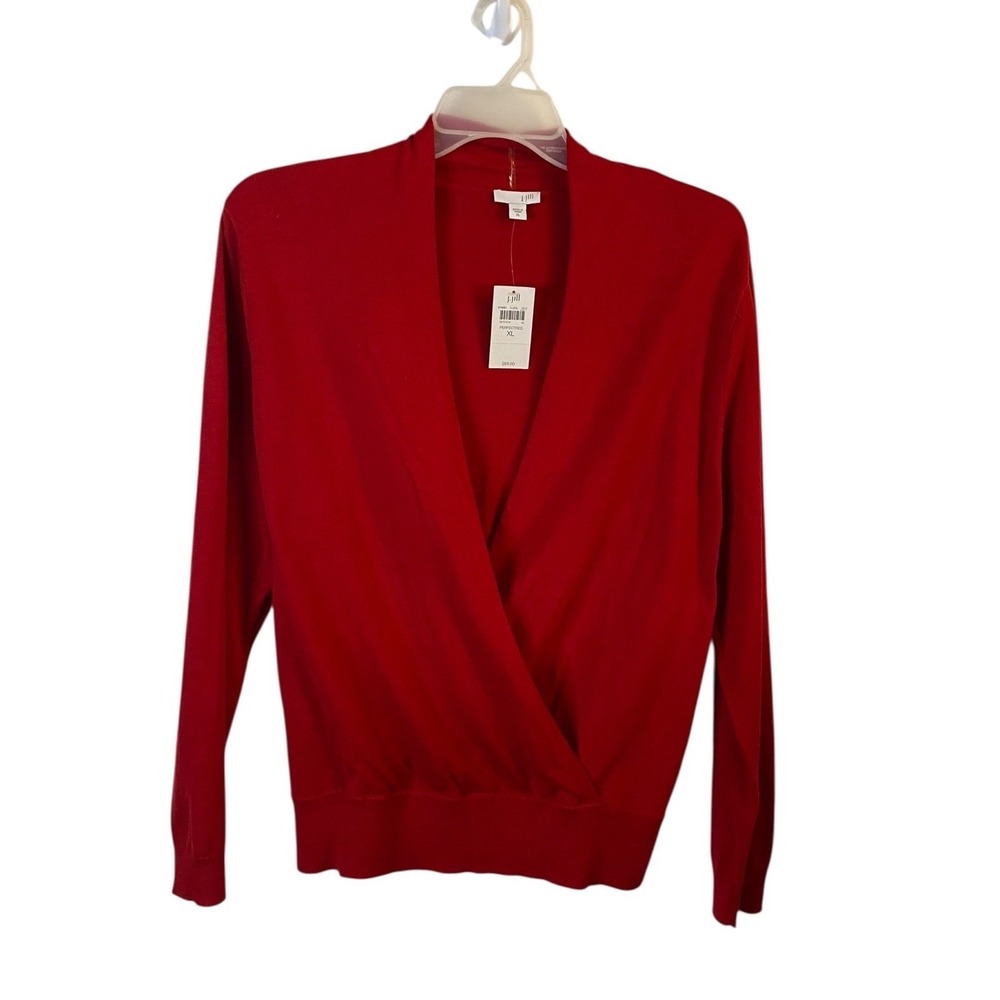 J. Jill Women XL Perfect Red Crossover Wrap V-Neck Sweater Cotton Silk Wool New